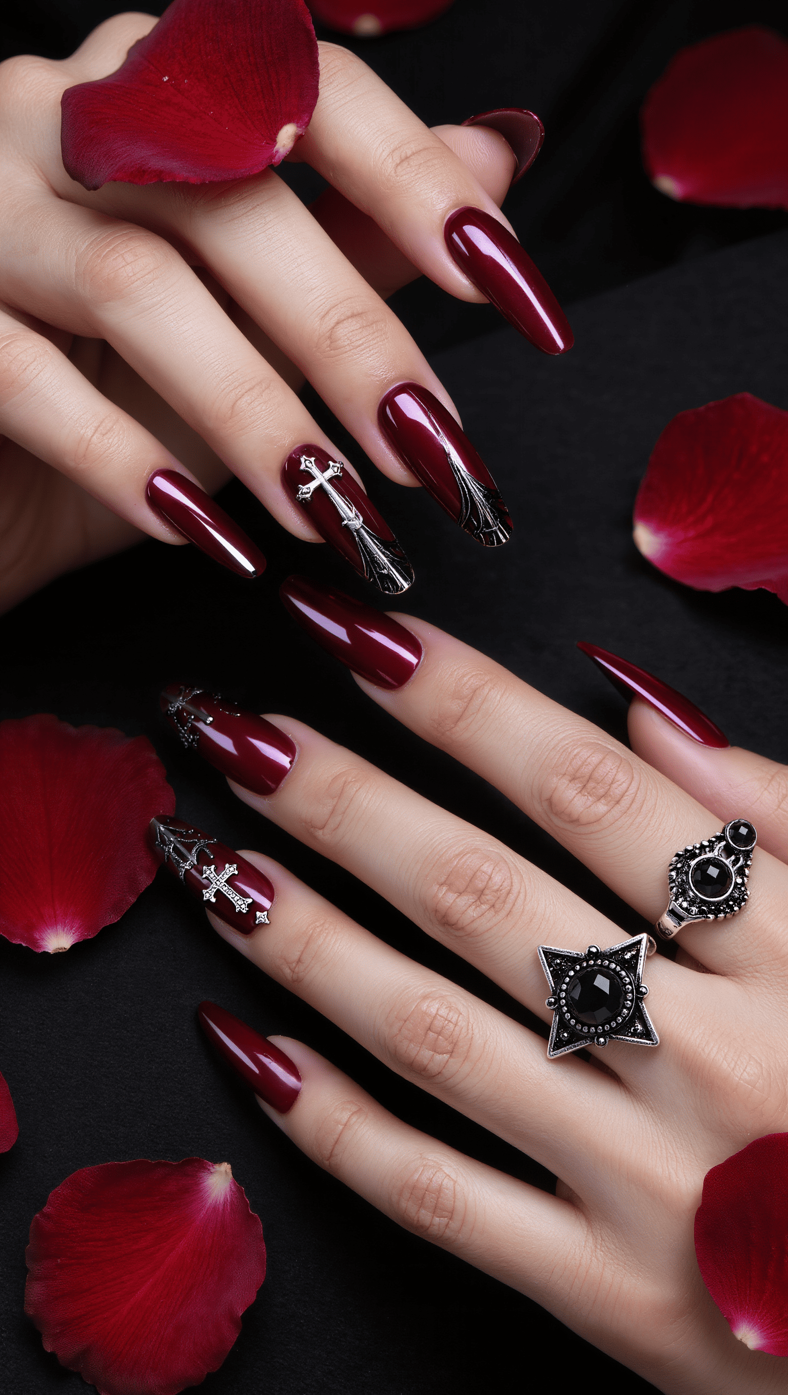 vamp-romantic-burgundy-nails-silver-cross-jewelry-valentines